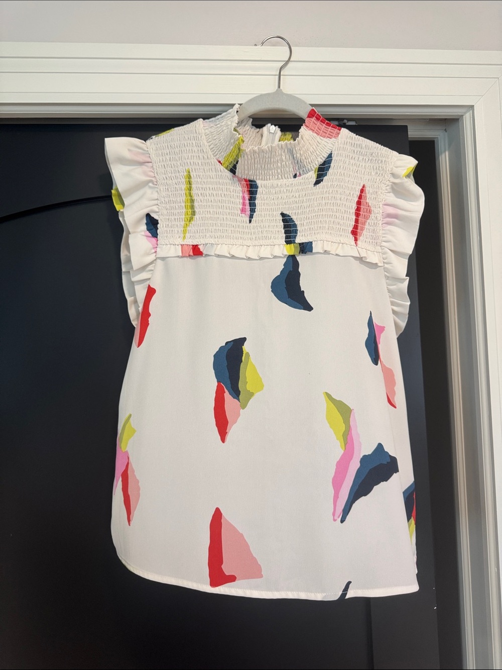 Women’s White Smocked Flutter Sleeve Top with Multicolor Abstract Print